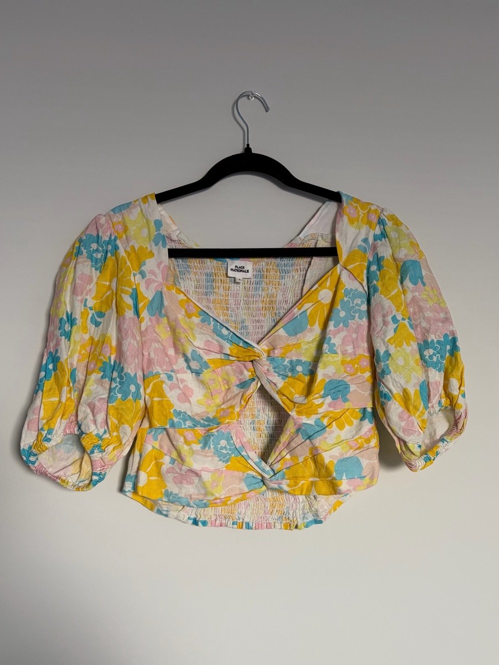 Place Nationale Floral Linen Puff Sleeve Cutout Crop Top Size 3/M Cottagecore